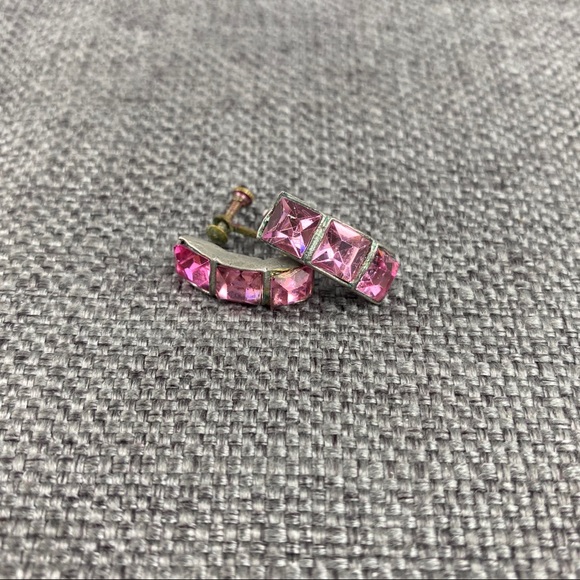 Vintage 3 Pink Crystal Squares Screw Back Earrings - Picture 4 of 6